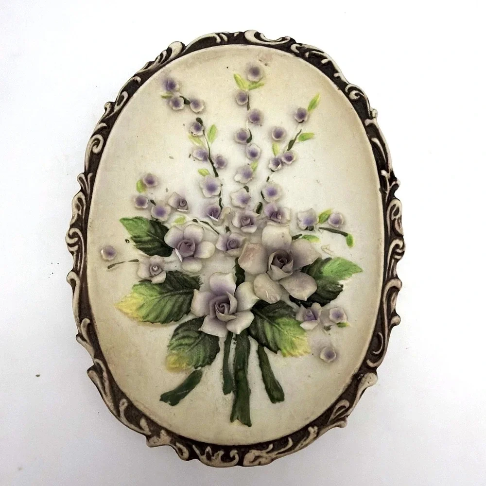 VTG Lefton Ceramic Oval Wall Plaque Lavender Floral Relief Scalloped